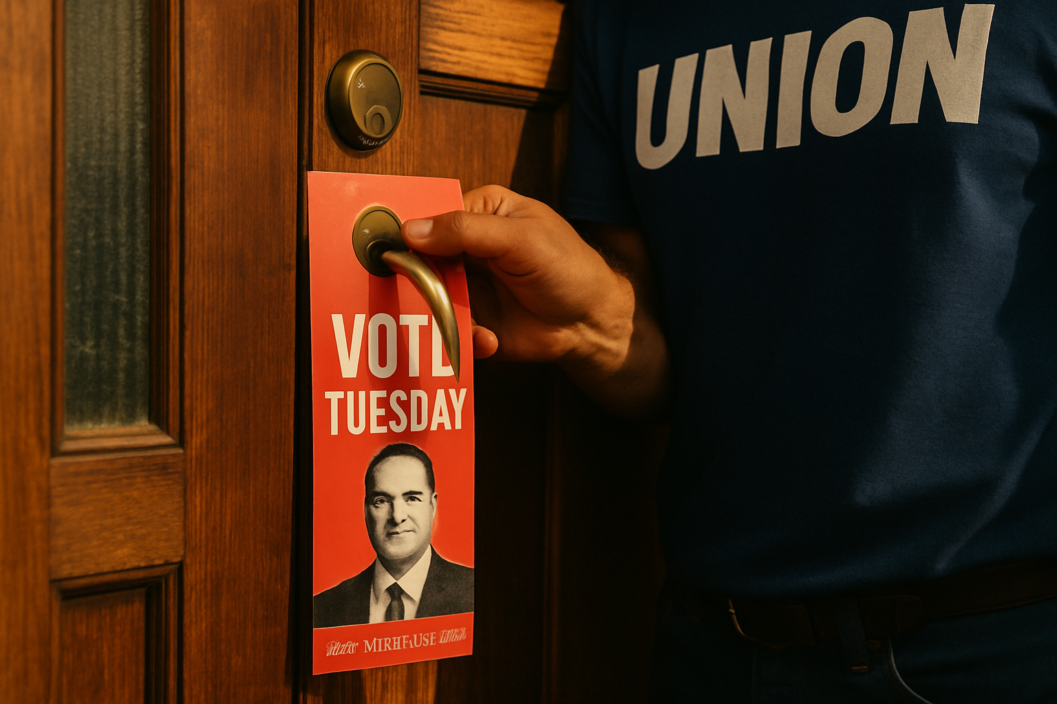 Union volunteer placing GOTV door hanger — Boyle Heights canvass