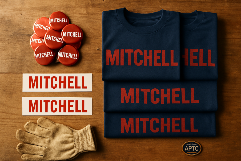 Campaign merch — buttons, t-shirts, bumper stickers — Mitchell union print