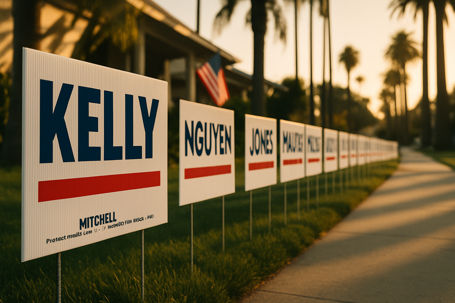 Row of California political campaign yard signs at golden hour