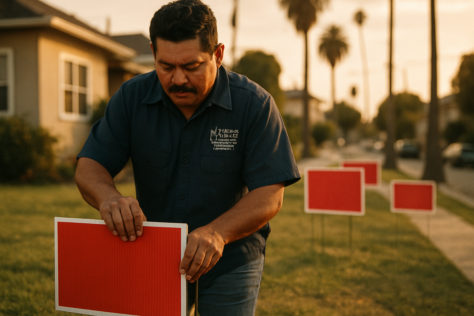 Worker staking corrugated political yard sign — Southern California